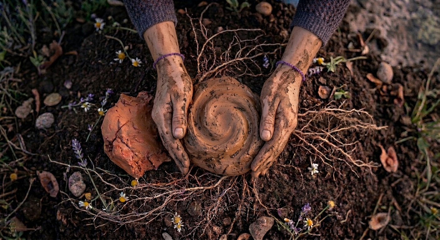 Zwei Hände formen eine Spirale aus Ton auf dunkler Erde, umgeben von Wurzeln und kleinen Blüten
